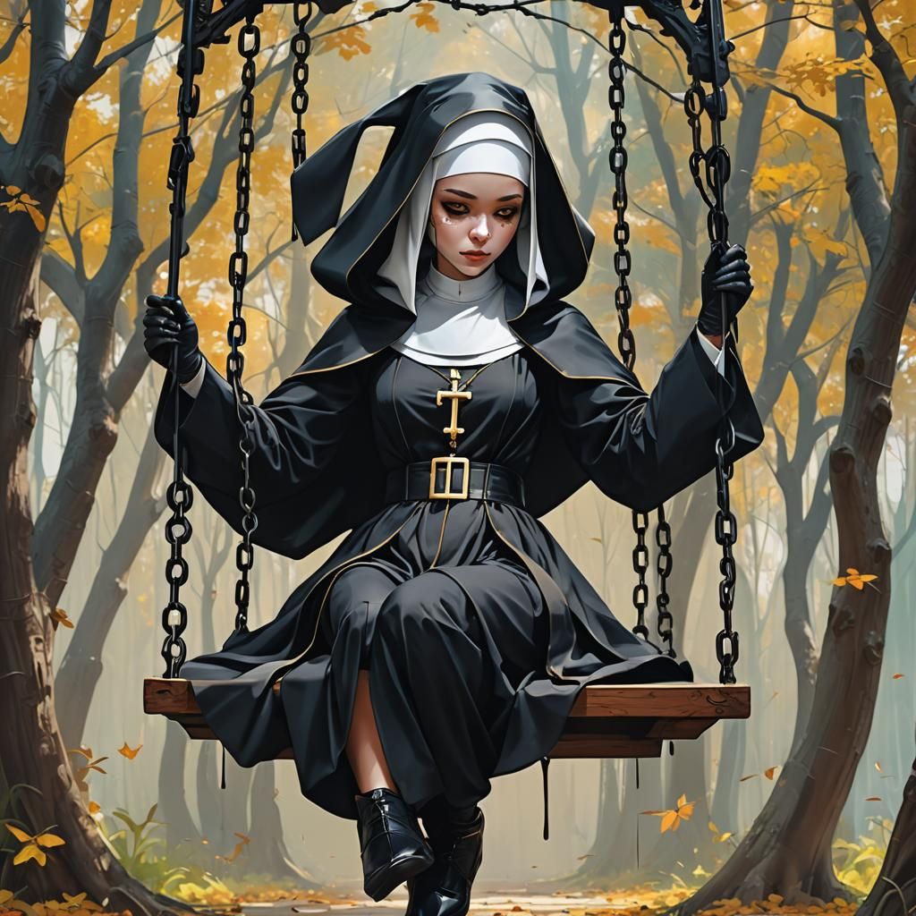 Pop Art of a Beautiful nun on a swing