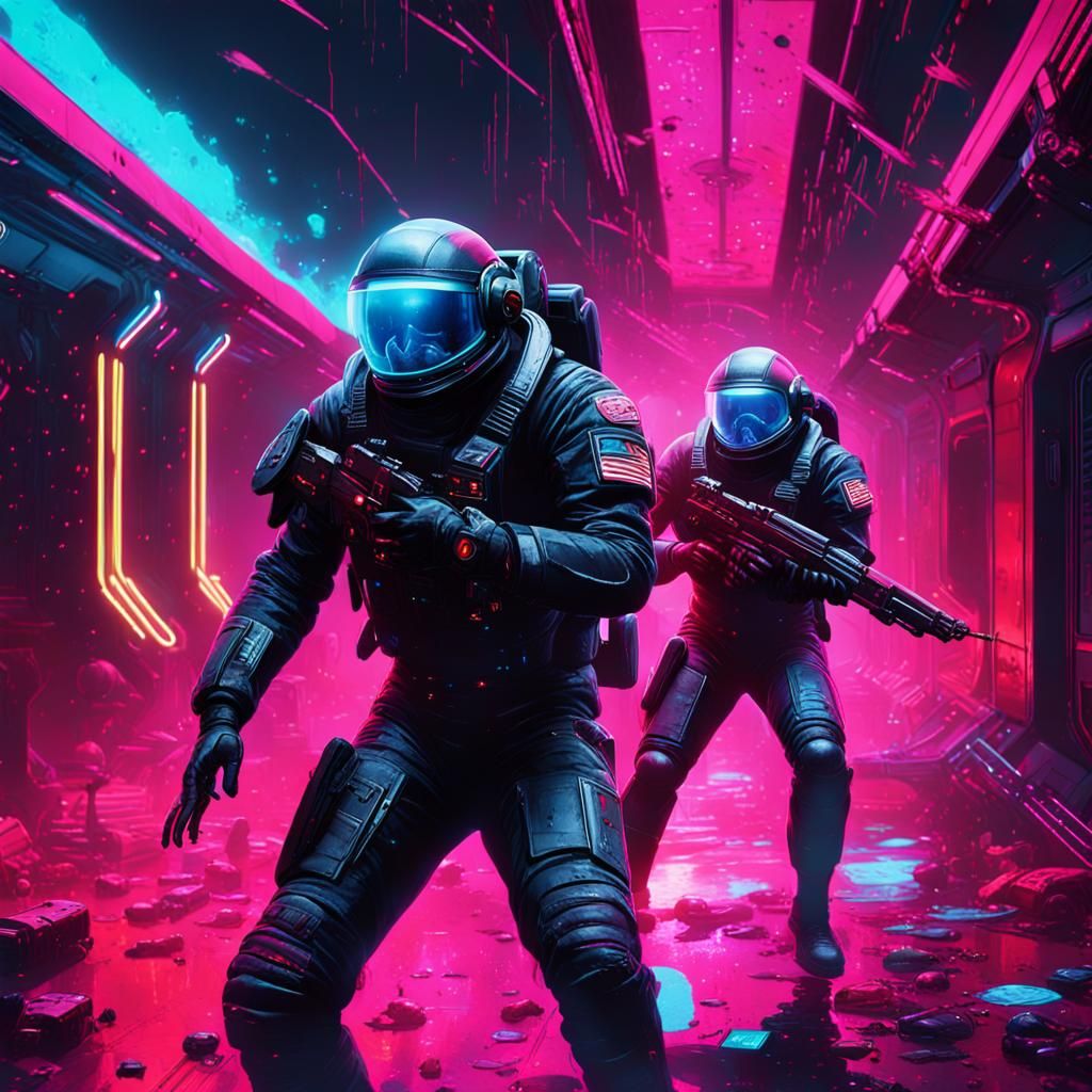 Astronauts Fight Aliens in Cyberpunk Spaceship Hallway