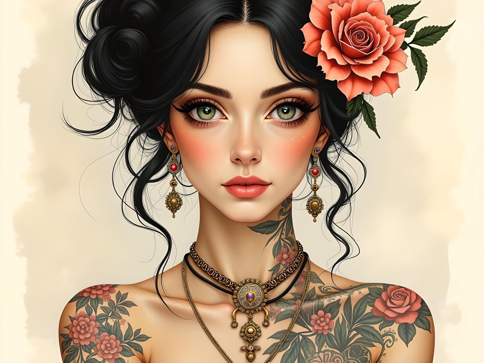 Elegant Woman with Tattoos in Art Deco Style