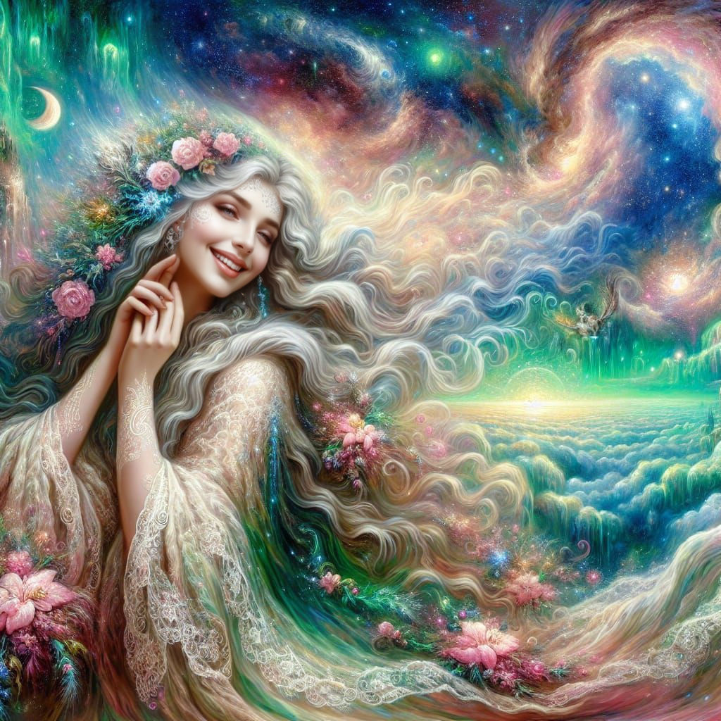 Ethereal Queen of Love in Flowing Lace and Floral Hair