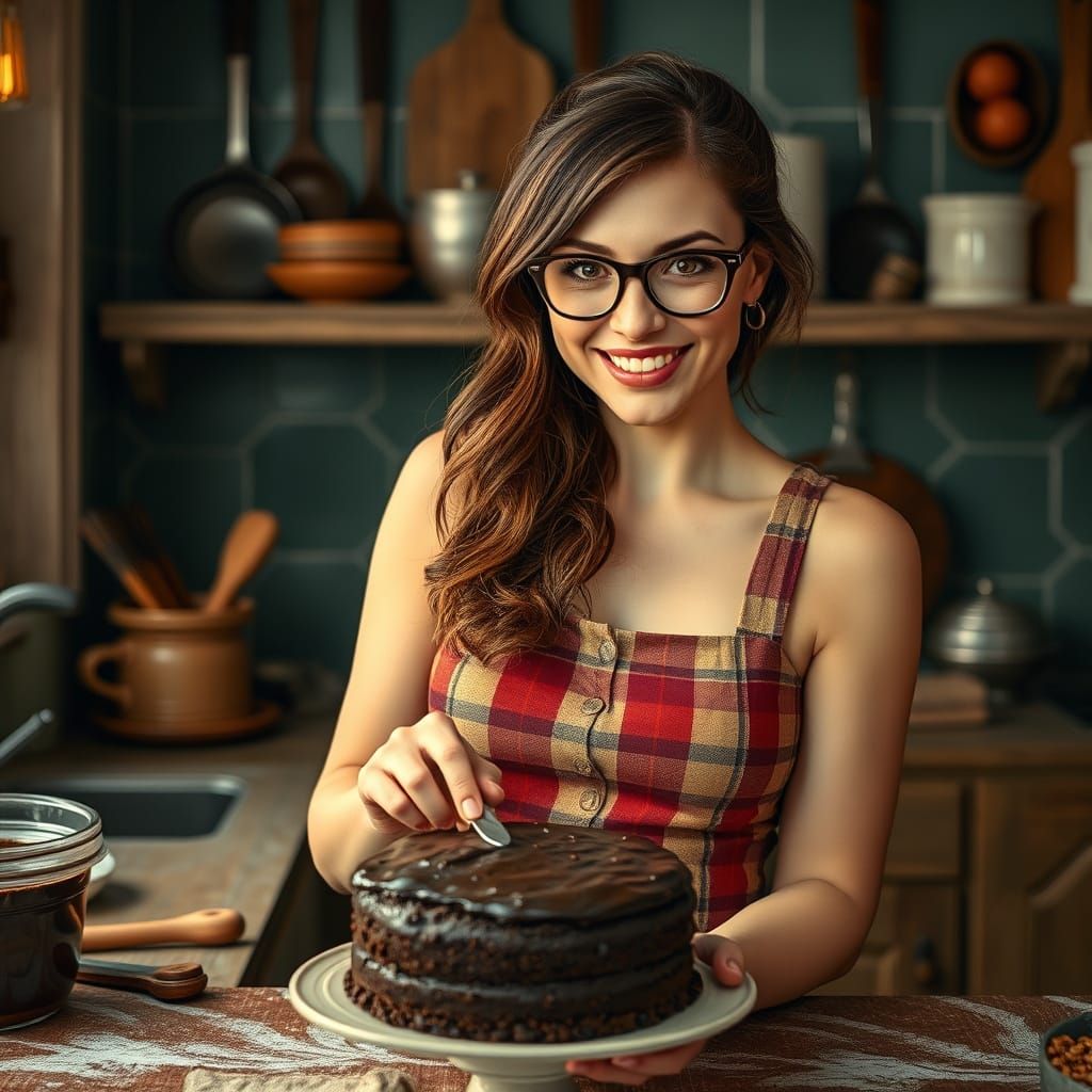 Woman Baking Chocolate Cake in Hyperrealistic Style