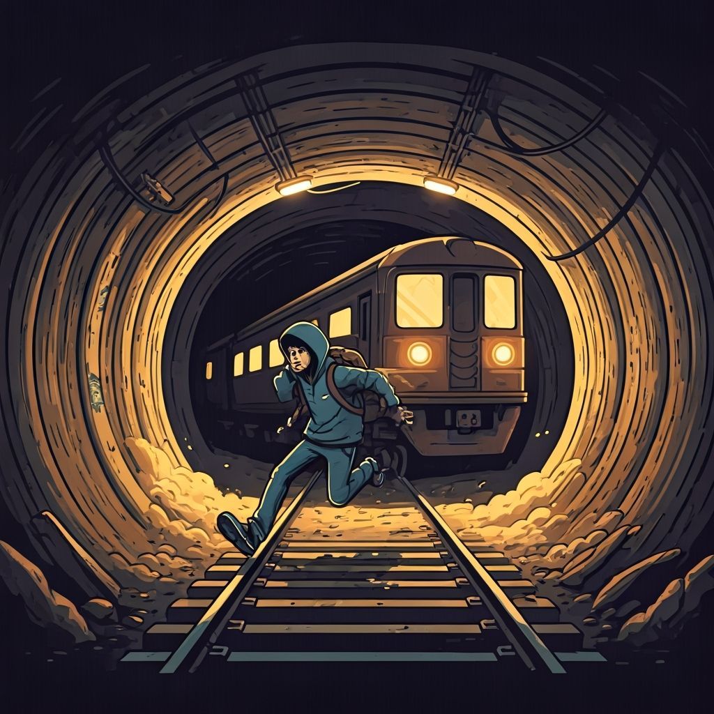 Cartoon Runner Dodging Debris in Subway Tunnel