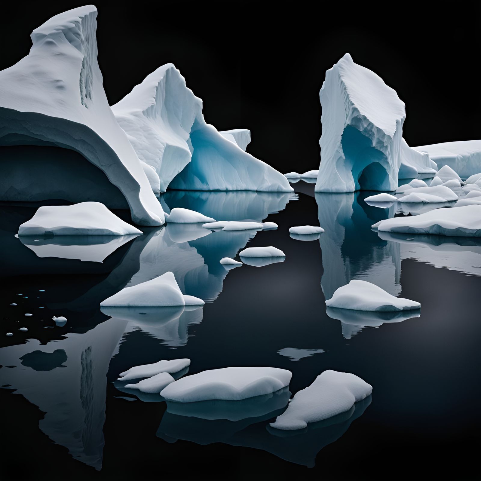 Antarctic Icebergs Reflect in Calm Waters