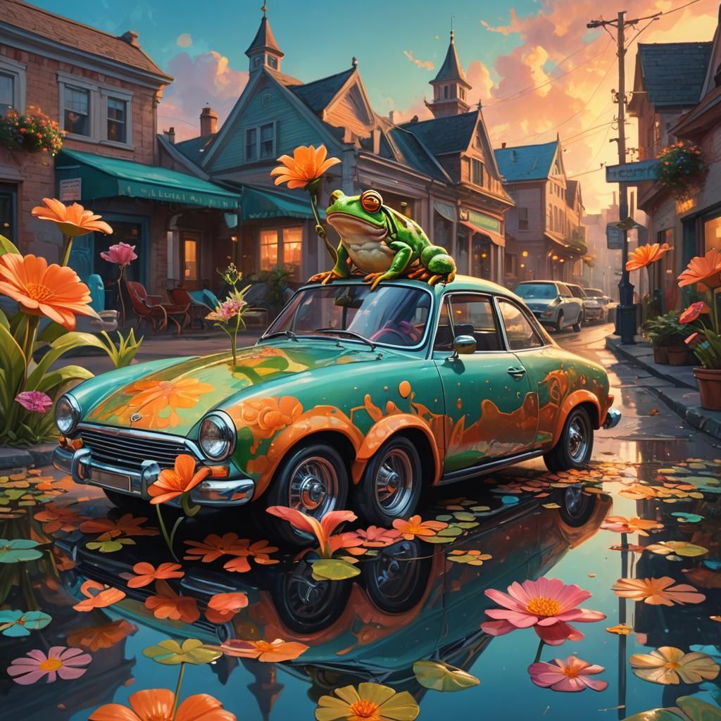 Frog on Car in Vibrant Oil Painting Style