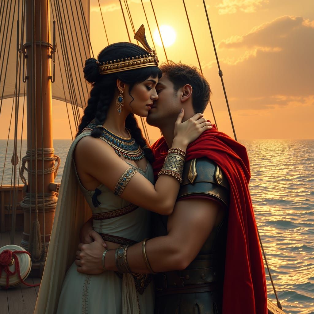 Egyptian Queen Kisses Roman Soldier Husband at Sunset