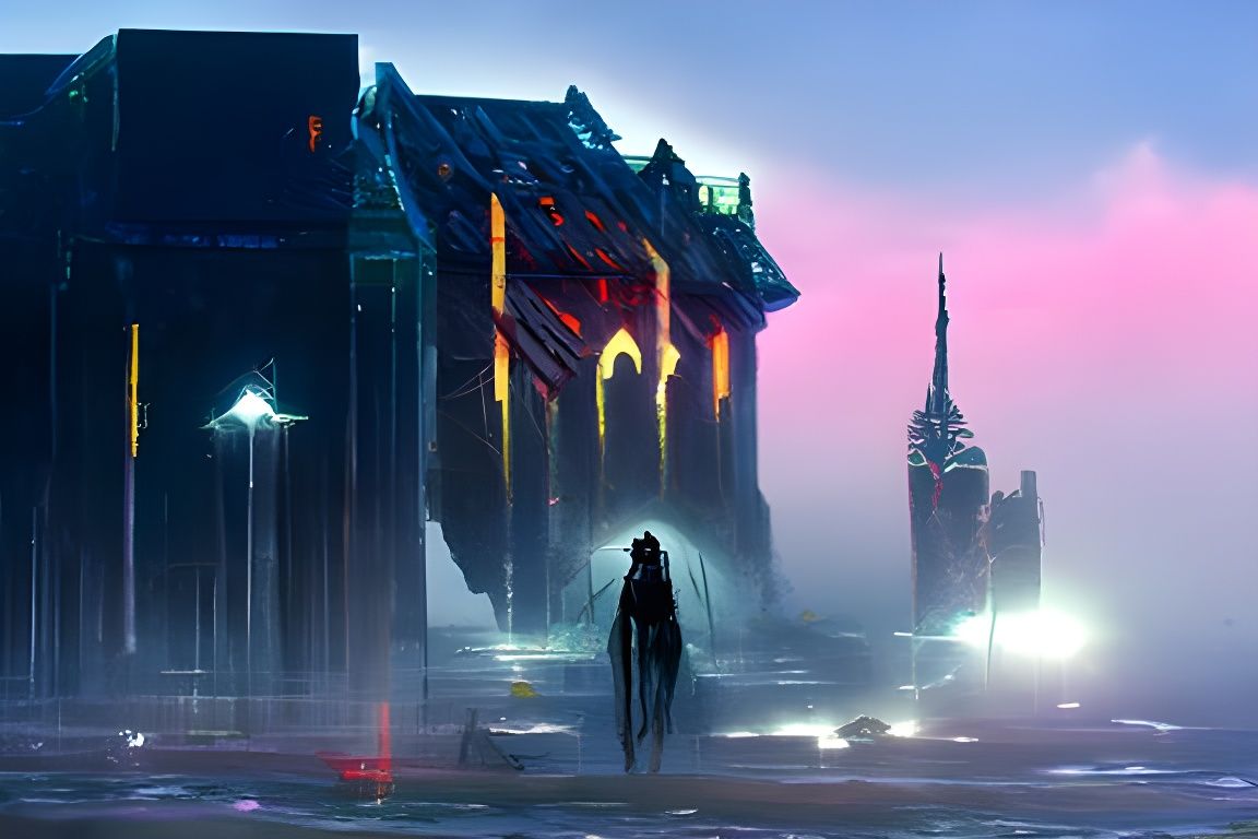 Eerie Castle in Mist with Cyberpunk Lighting