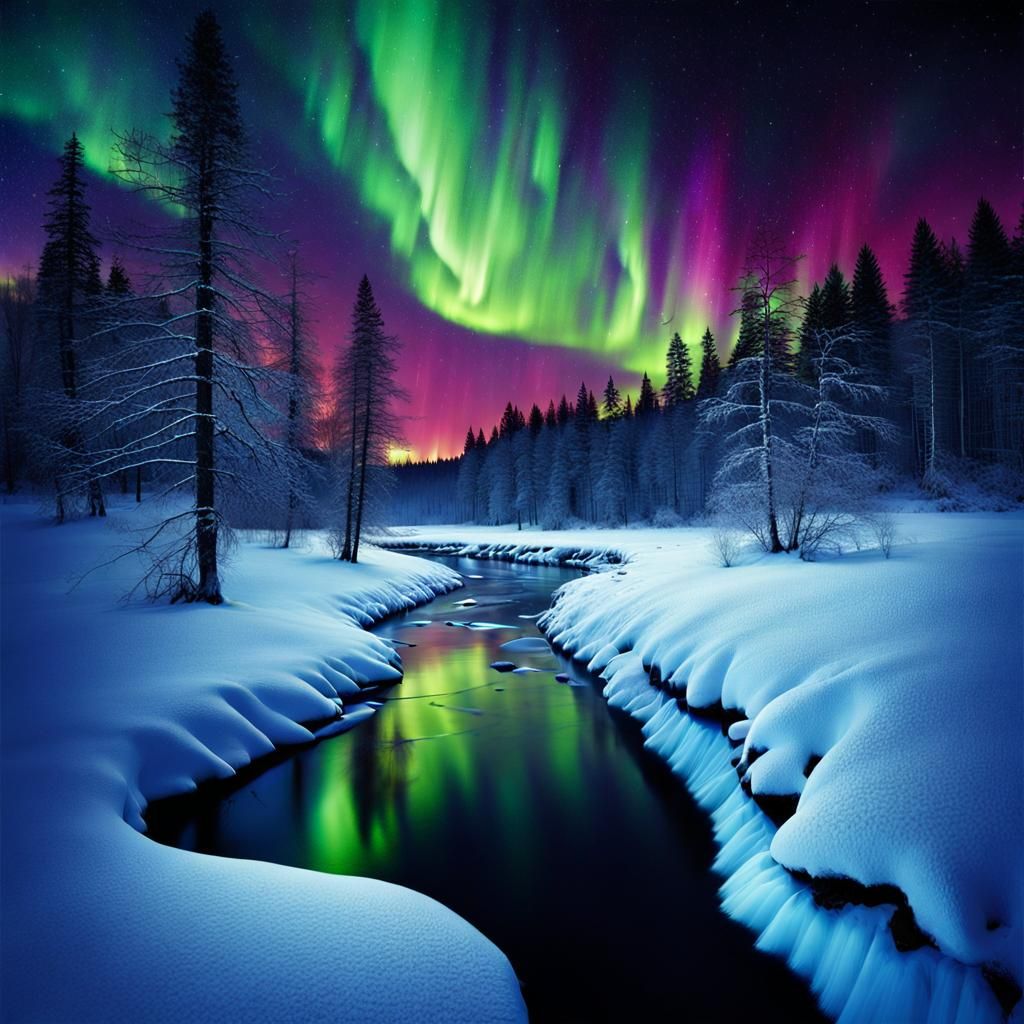 Aurora Over Snowfield River at Night