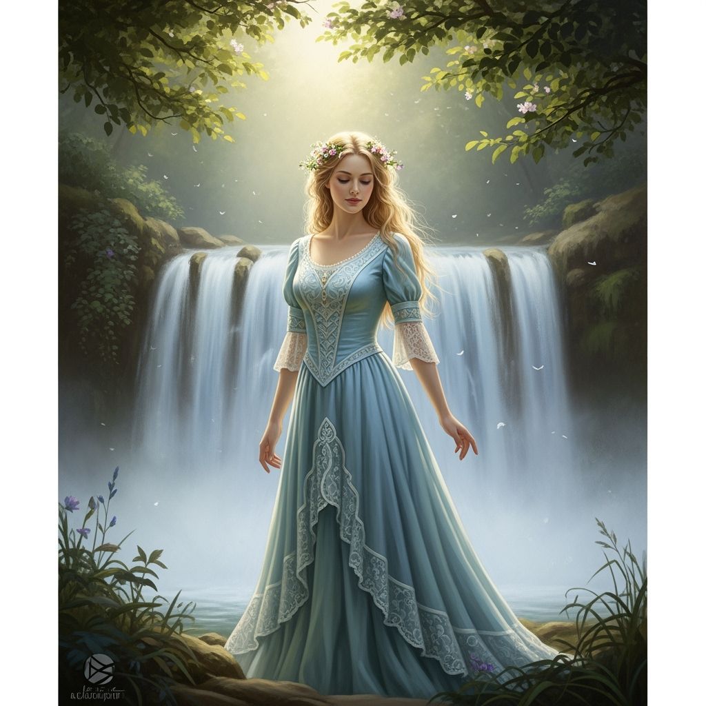 Woman with Wildflowers by Waterfall: Hyperrealistic Art