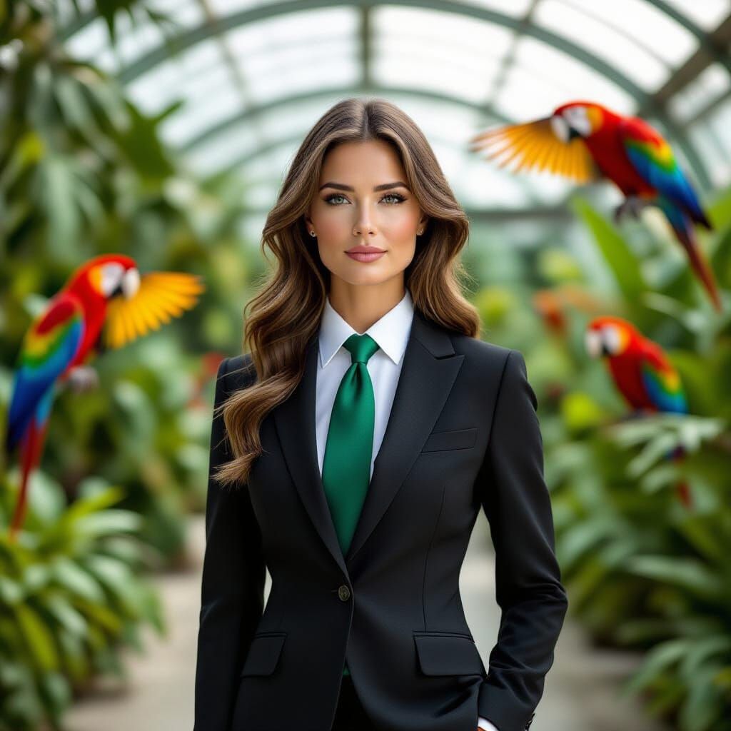Confident Businesswoman in Aviary, Leibovitz-Style Portrait