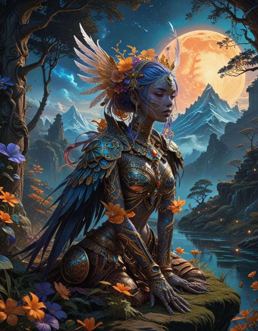 Enchanting Fantasy Goddess in Golden Pointillism