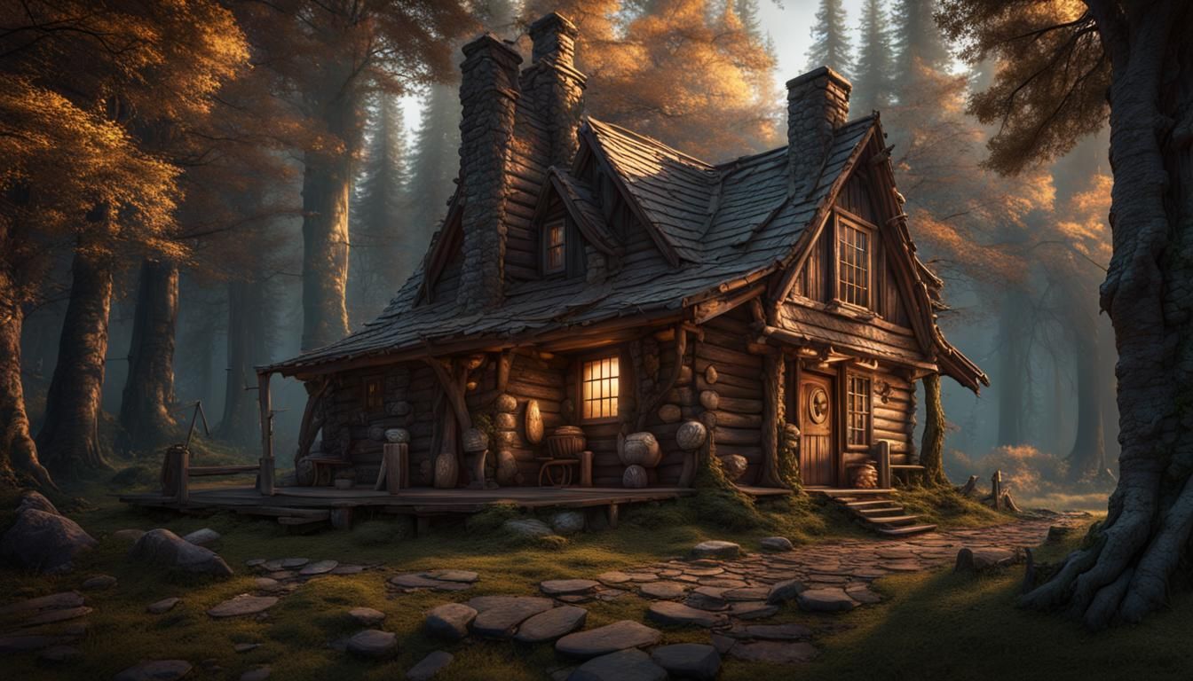 Rustic Cabin in Woods: Detailed Matte Painting