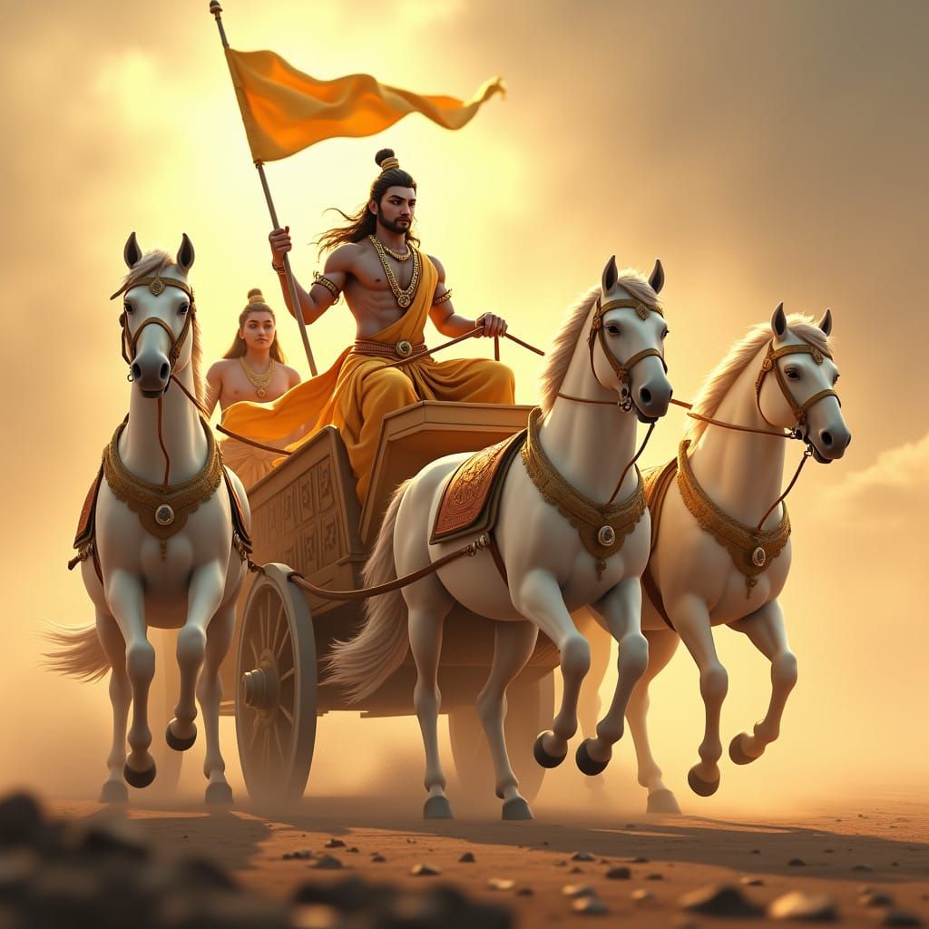 Divine Charioteer in Golden Splendor, Guiding Arjuna Across ...