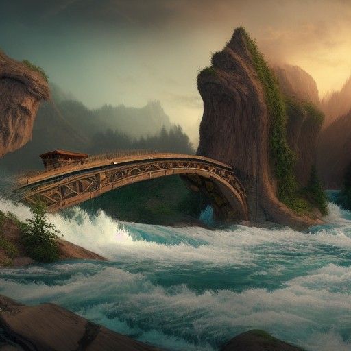 Rope Bridge Over Raging River: Matte Painting
