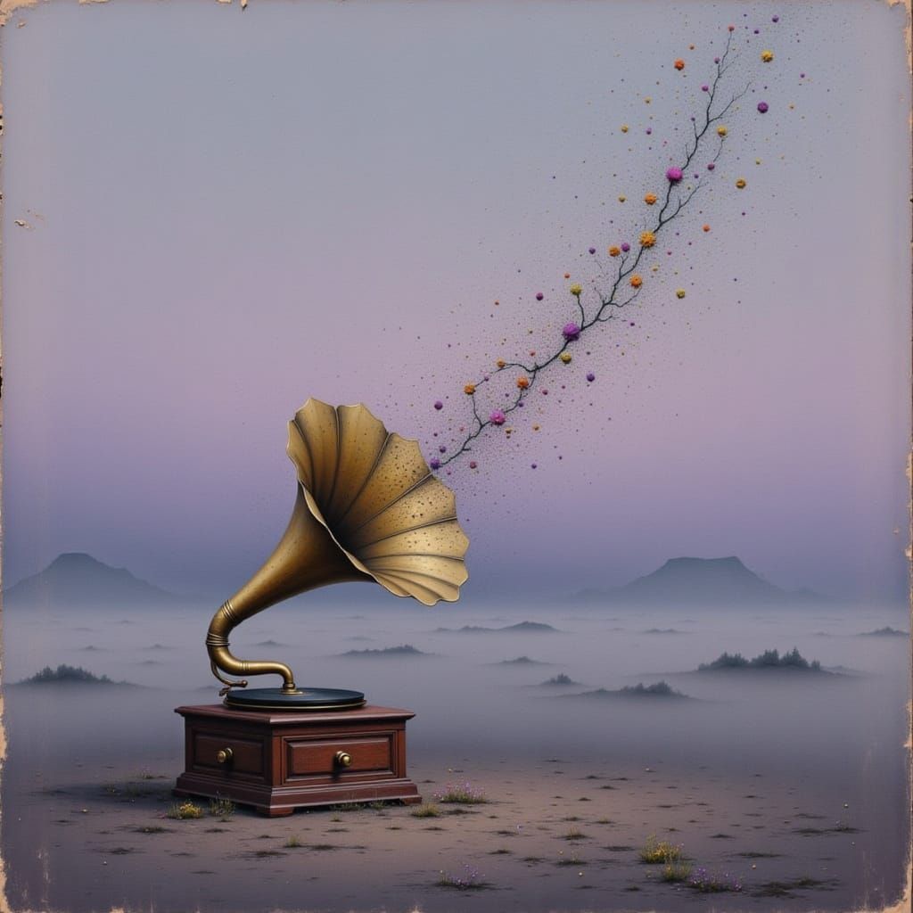 Antique Gramophone Blooms Flowers on Misty Plain
