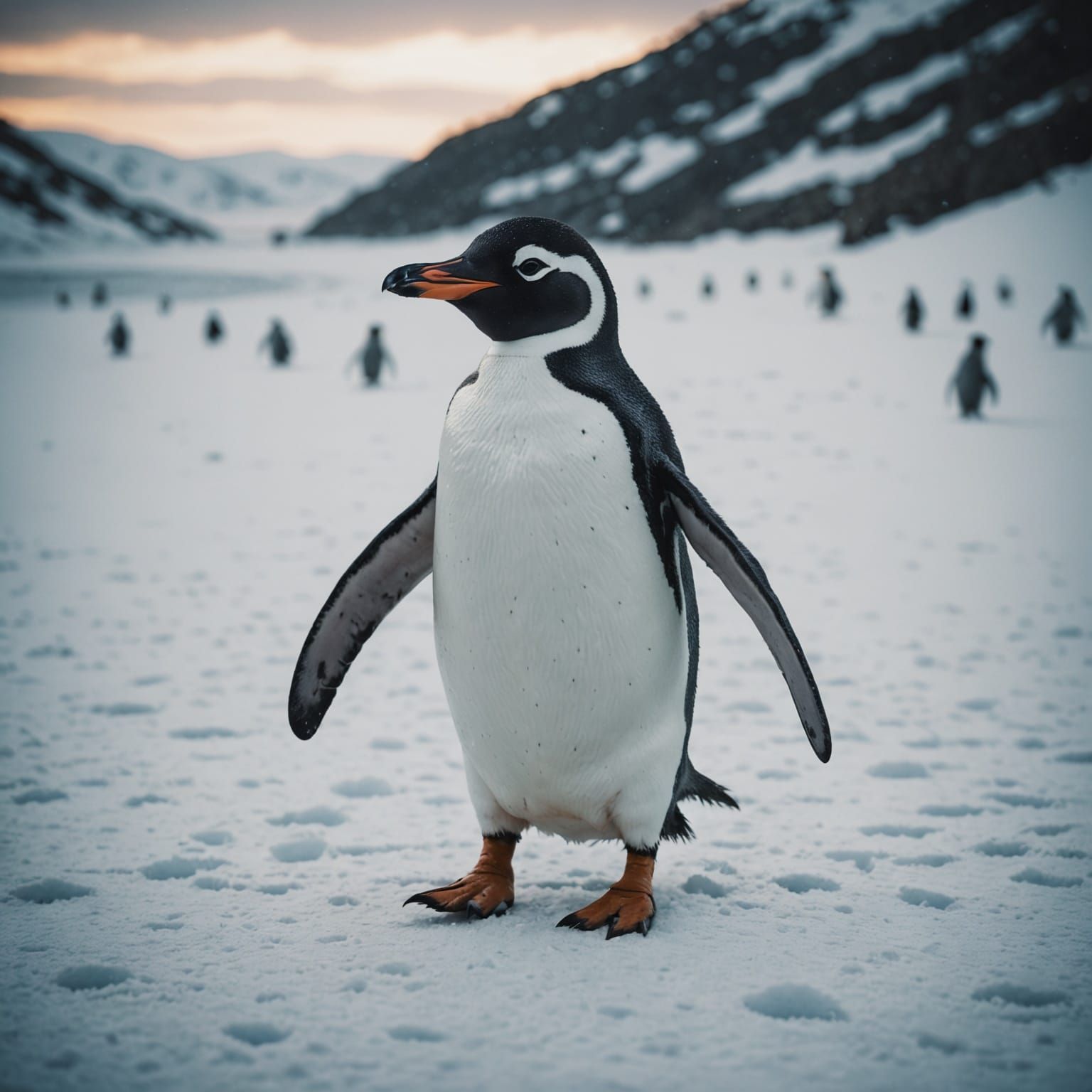 Penguin in Cinematic Snowscape