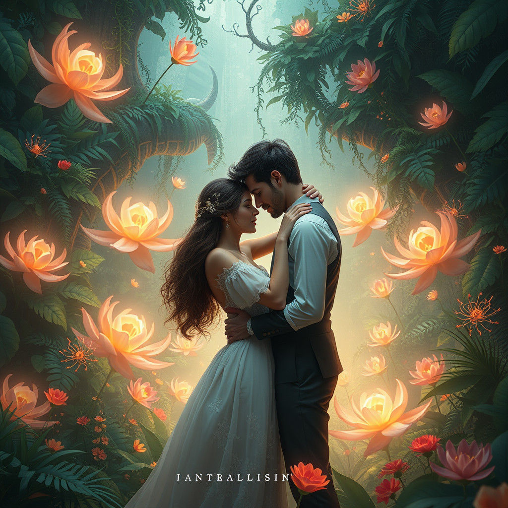 Couple Embrace in Dreamlike Fantasy Landscape