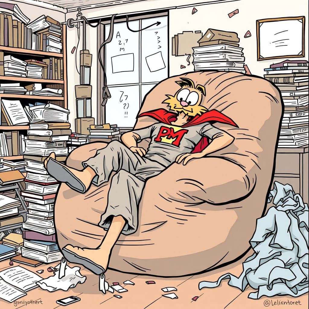 Superhero Procrastinationman in Relaxed, Humorous Pose