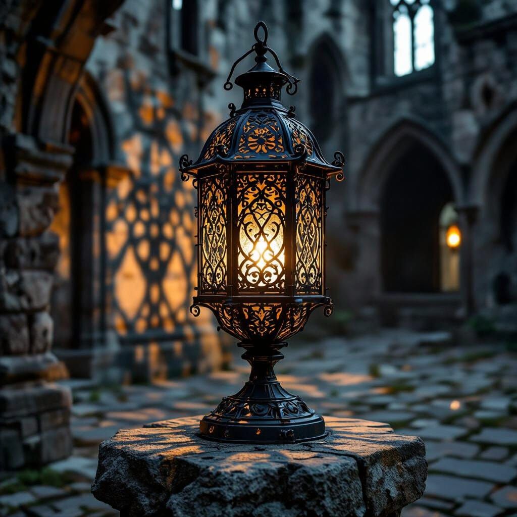 Ornate Lantern in Abandoned Castle Courtyard