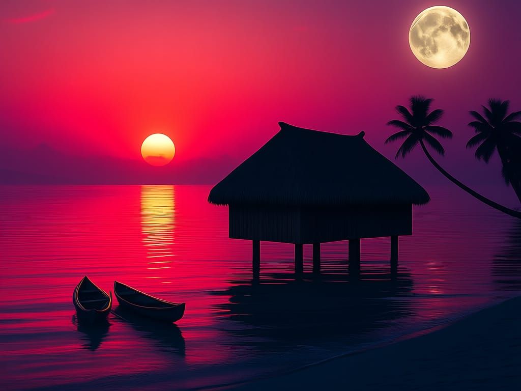 Synthwave Lagoon at Dusk with Full Moon Artwork