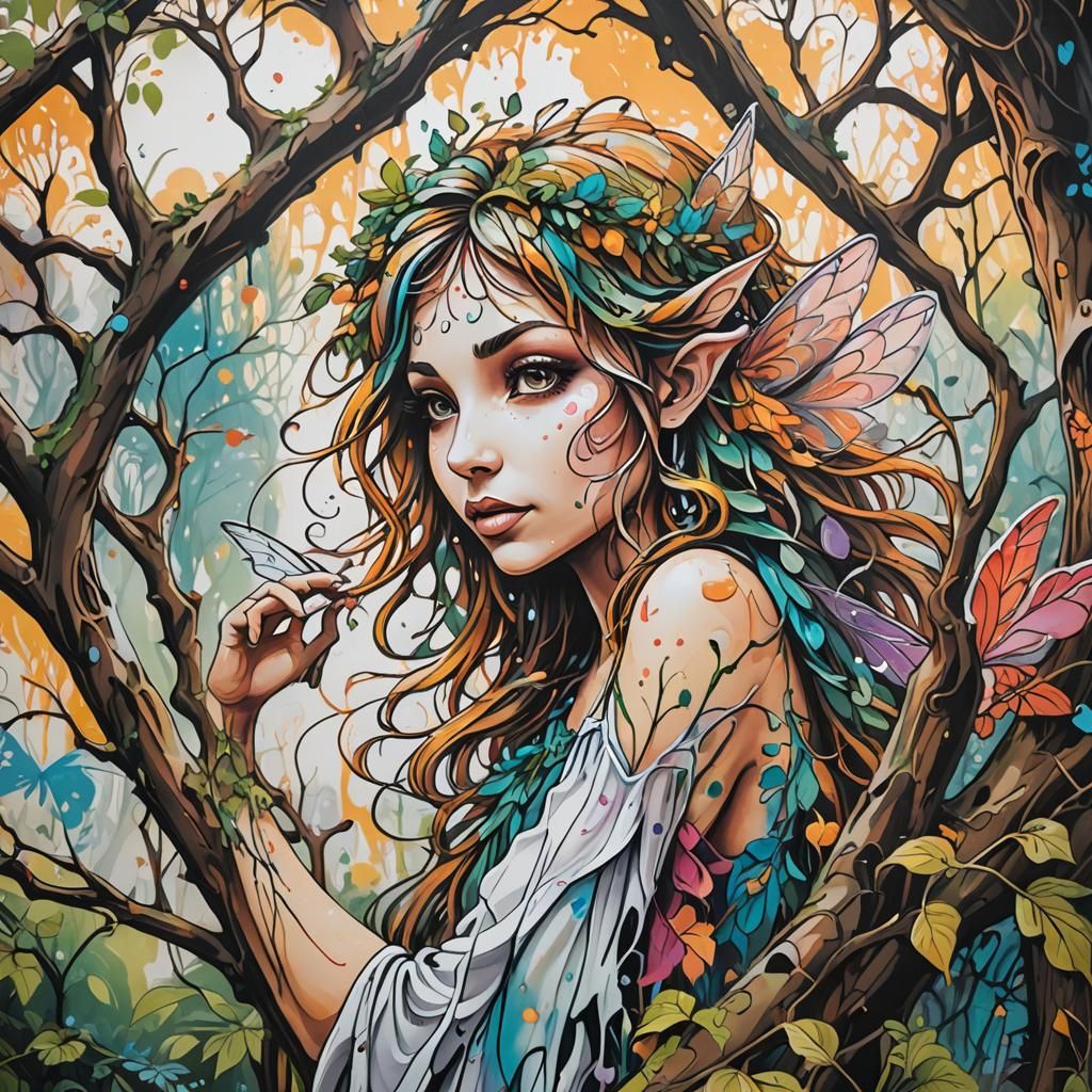 Mischievous Fairy Graffiti Mural in Enchanted Forest