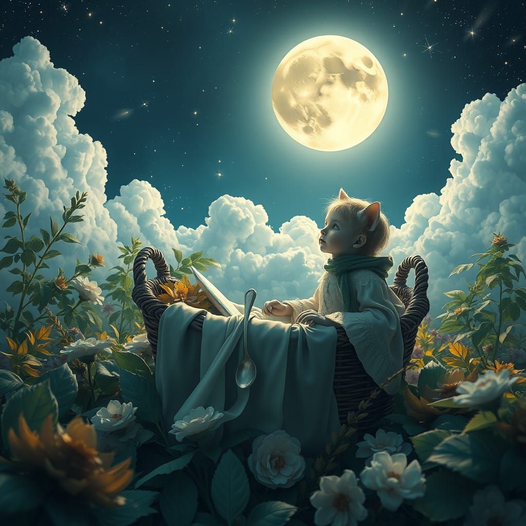 Luminous Moonlit Whimsy: Cat, Cradle, and Celestial Gaze