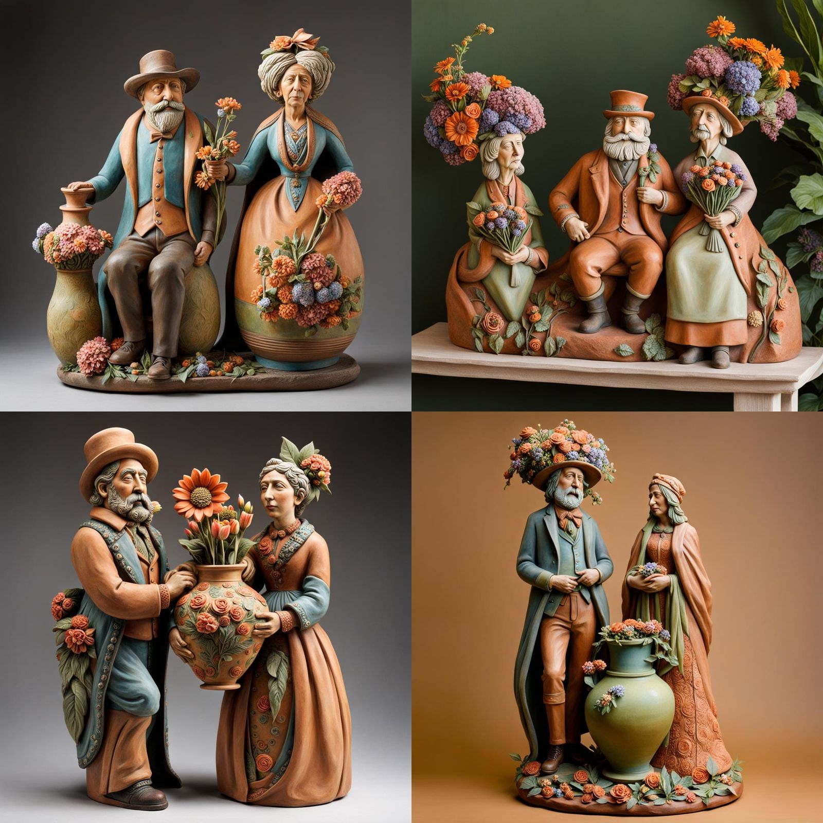 Eccentric Couple Holding Flowers: Clay Sculpture