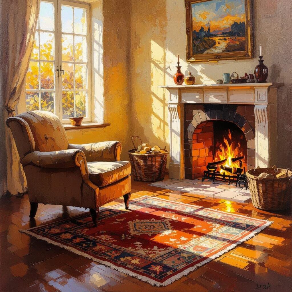 Cozy Sun-Drenched Living Room Interior in Golden Hour Light