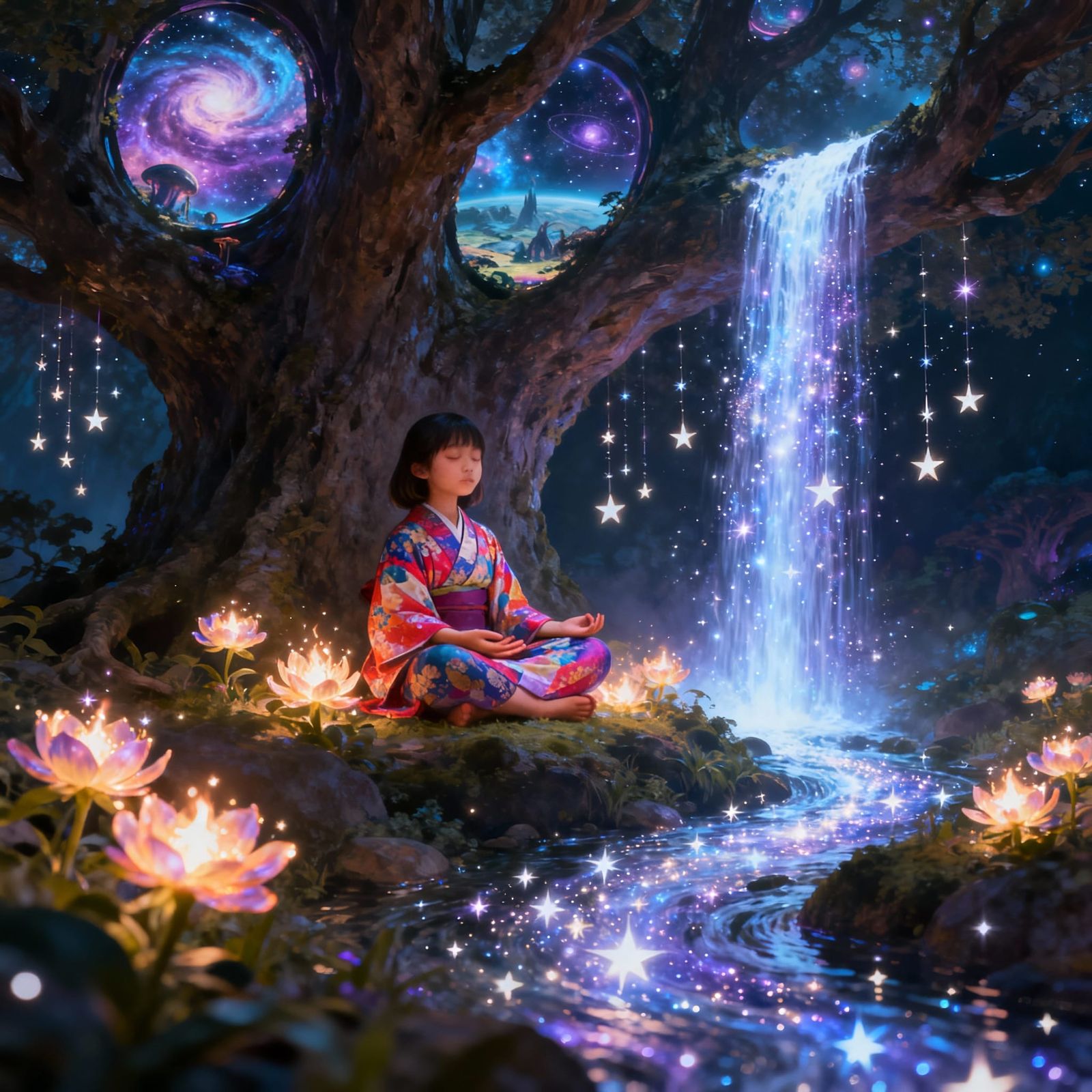 Girl Meditating in Ancient Tree with Cosmic Portals