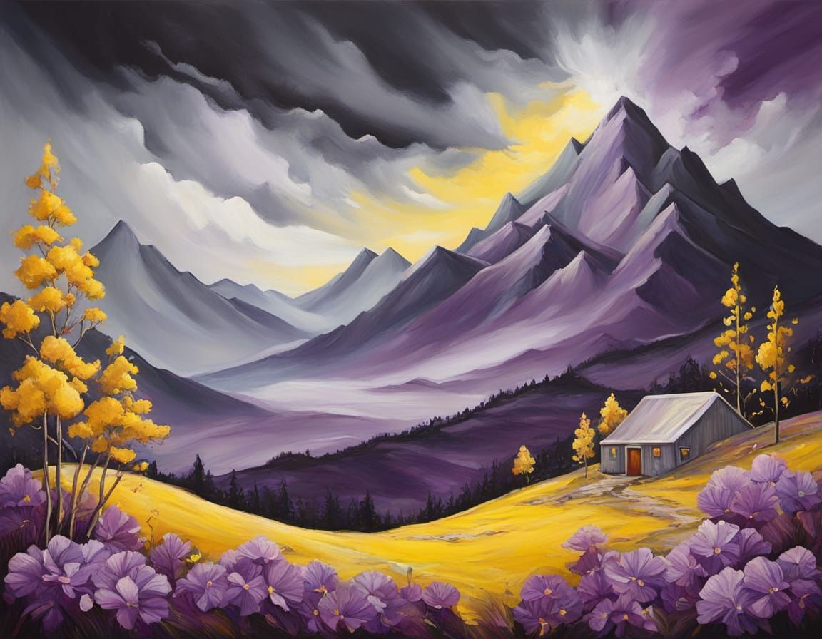 Surreal Floral Landscape Painting of Purple Mountain's Majes...
