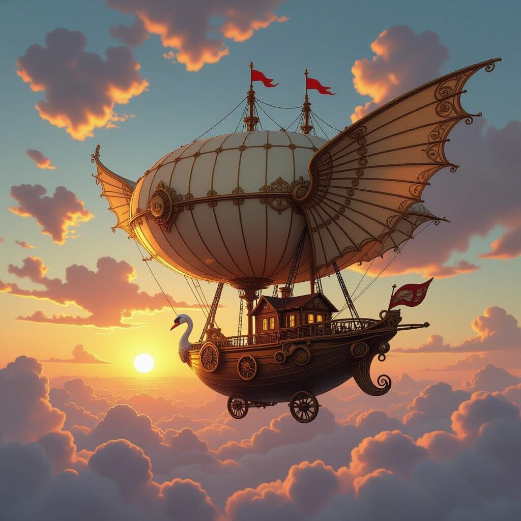 Steampunk Swan Airship Flies Through Clockwork Sky