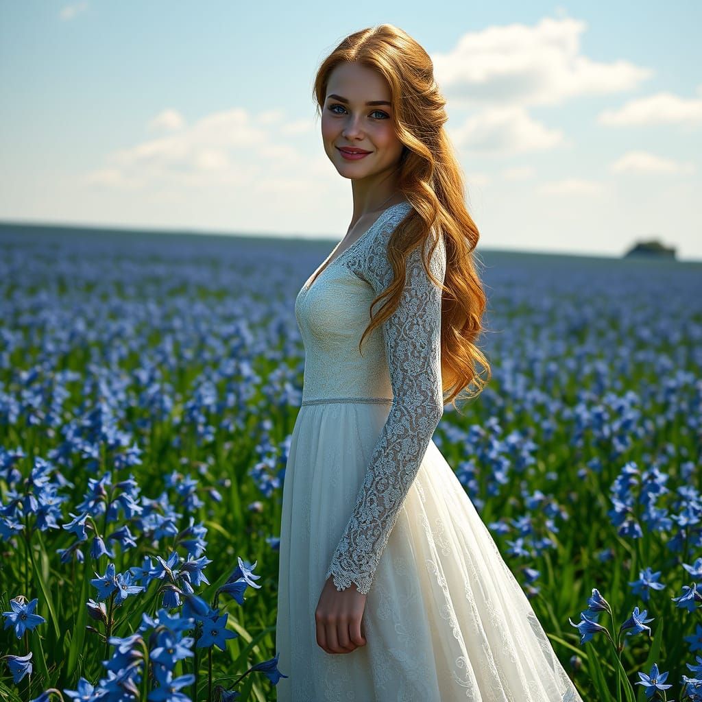 Enchanted Bluebell Maiden in Serene Fantasy Landscape