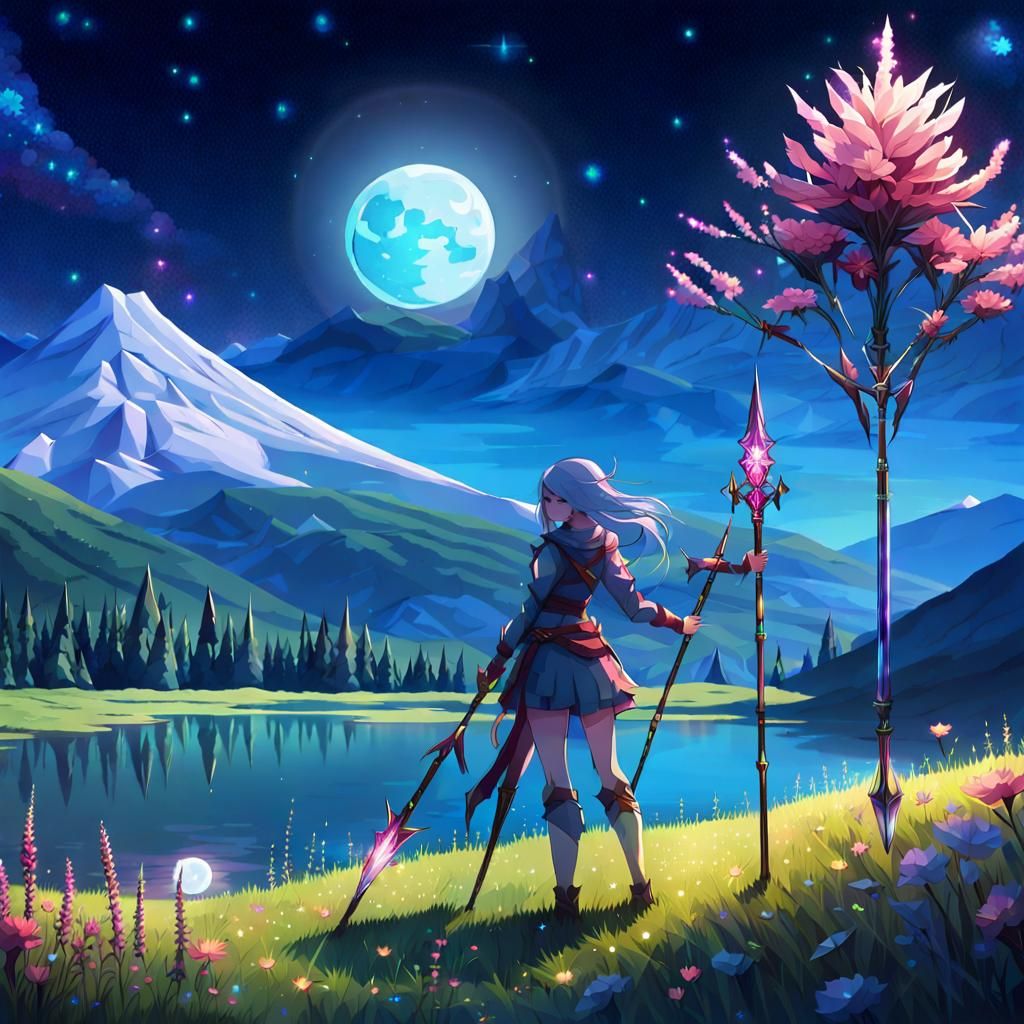 Girl with Magical Staff in Colorful Landscape