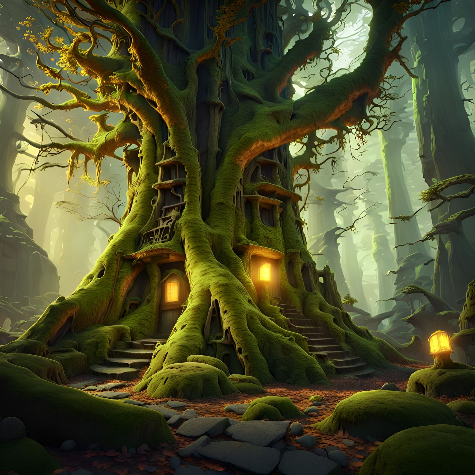Mysterious Treehouses in Ancient Forest: Dark Fantasy Art