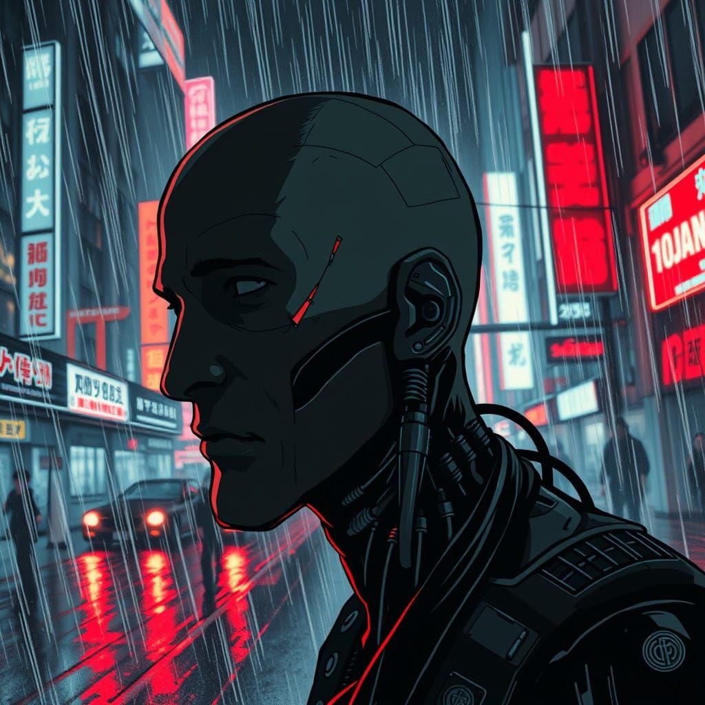 aggressive line art, black ink, half bald human half metal robot scarred face,
male head black silhouette, connected wit...