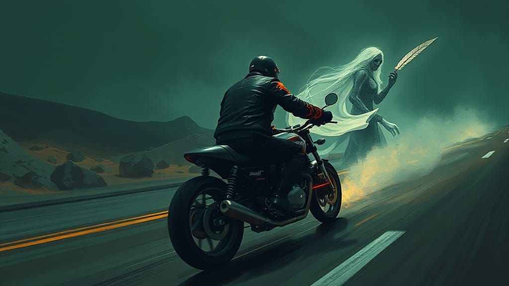 Spectral Motorcyclist and Ghostly Writer in Dark Fantasy Sty...