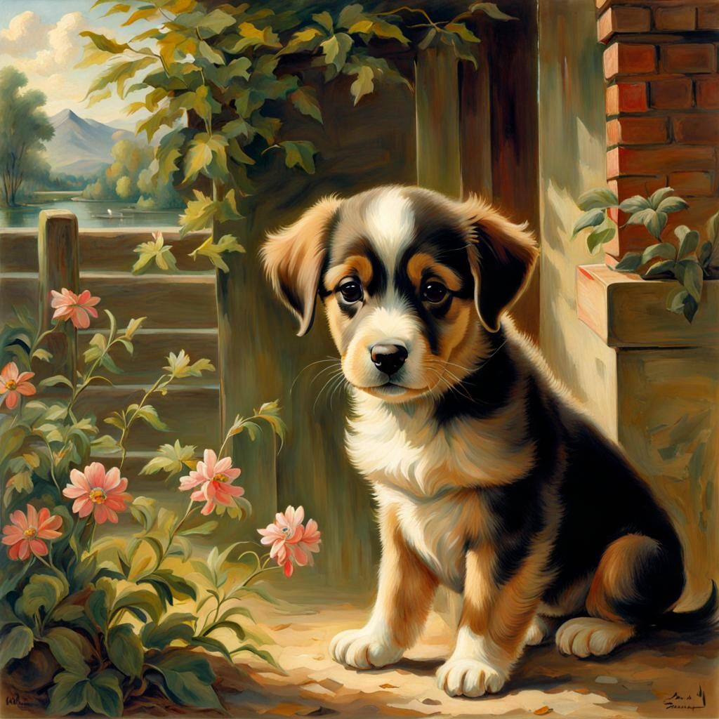 Playful Puppy with Fun Background in Japanese Style