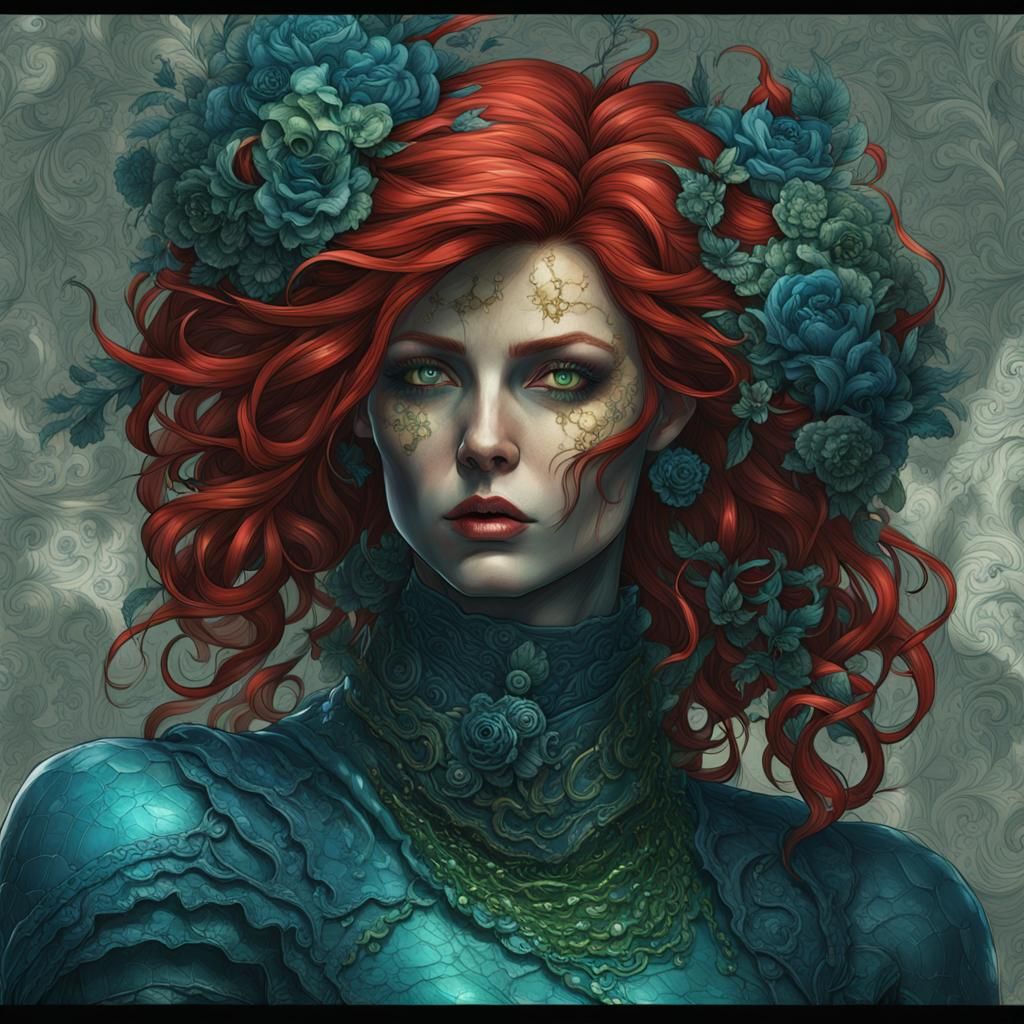 Red-Haired Woman in Latex Suit: Dark Fantasy Art
