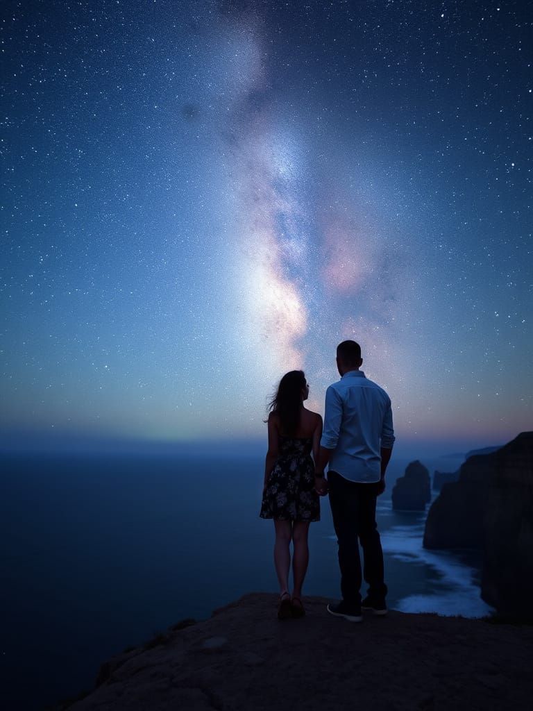 Couple Gazing at Milky Way Over Ocean