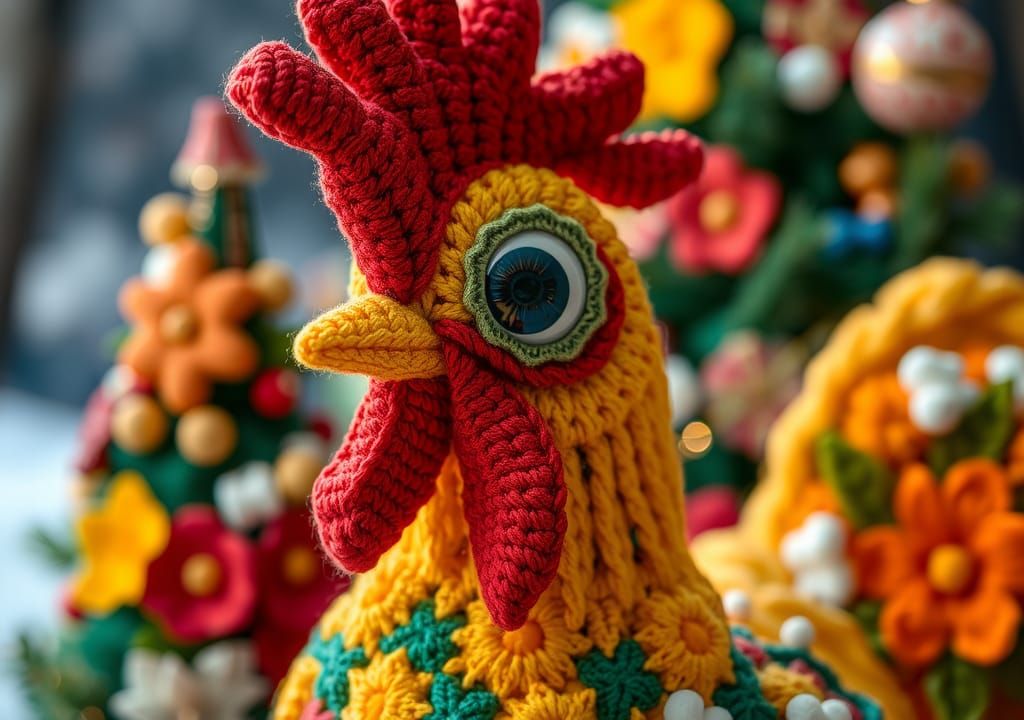 Klimt Crochet Christmas Chicken in Rainforest Scene