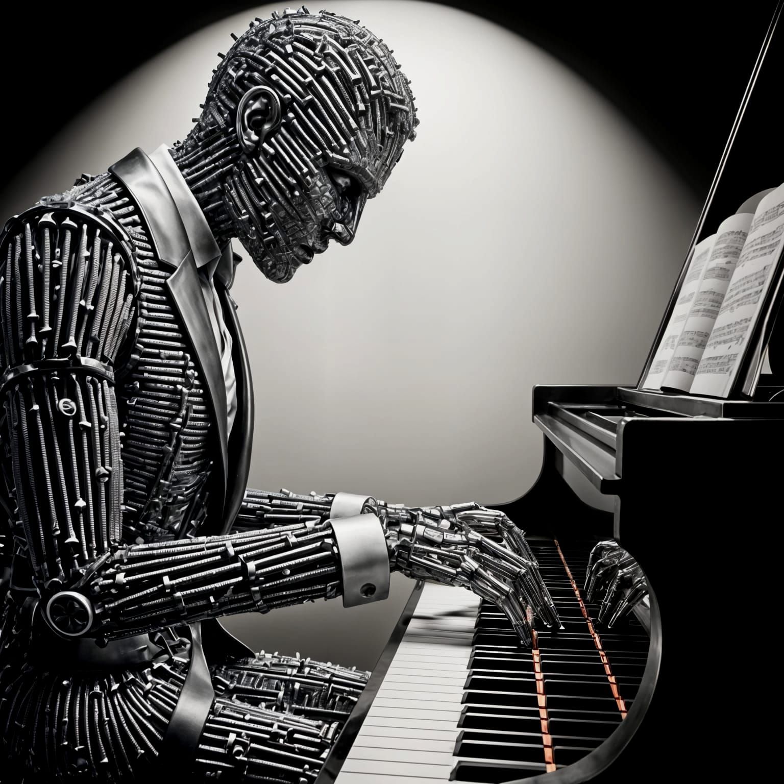 Surreal Mechanical Musician Crafted from Screws and Nails