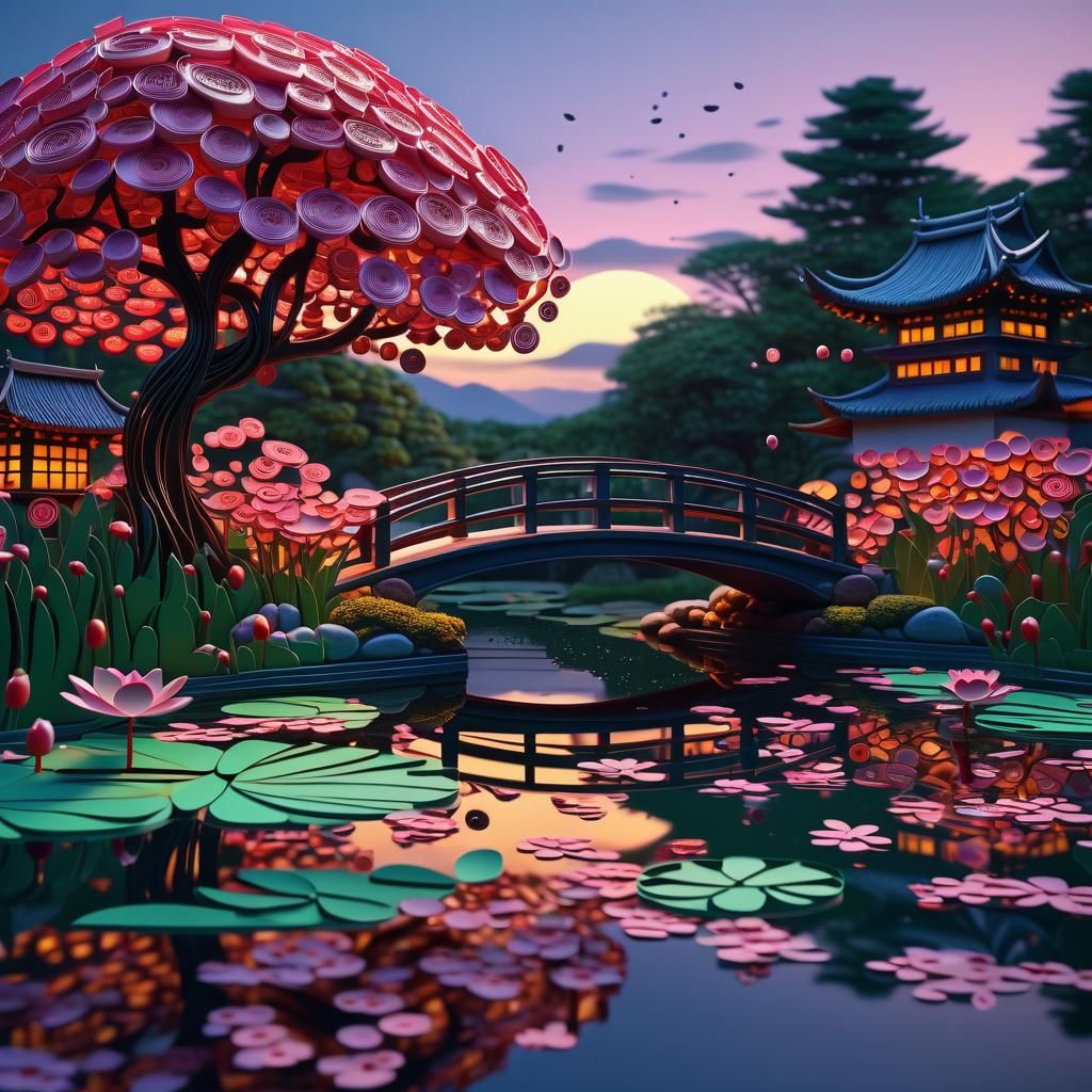 Quilled Paper Bridge Over Waterlily Pond