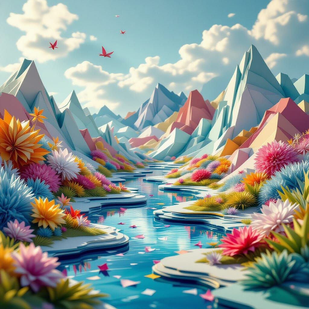 Vibrant Origami Landscape in Dreamlike Surreal Style