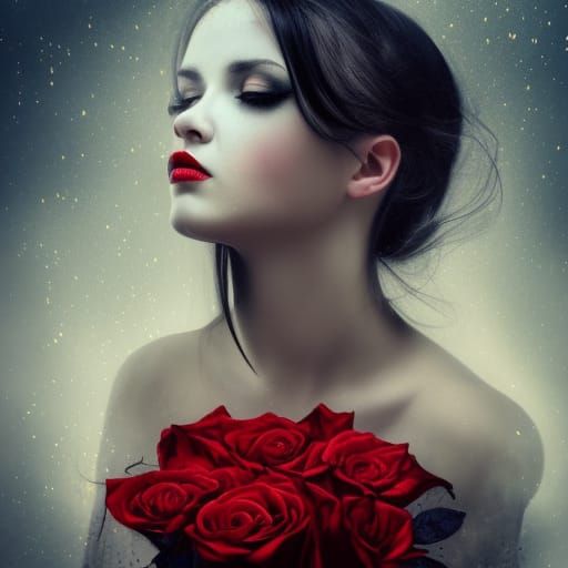 Sad Gothic Woman with Roses in Victorian Era