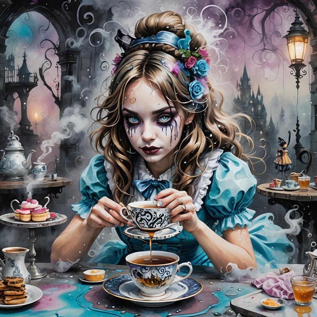 Alice's Dreamy Tea Party in Alcohol Ink Style