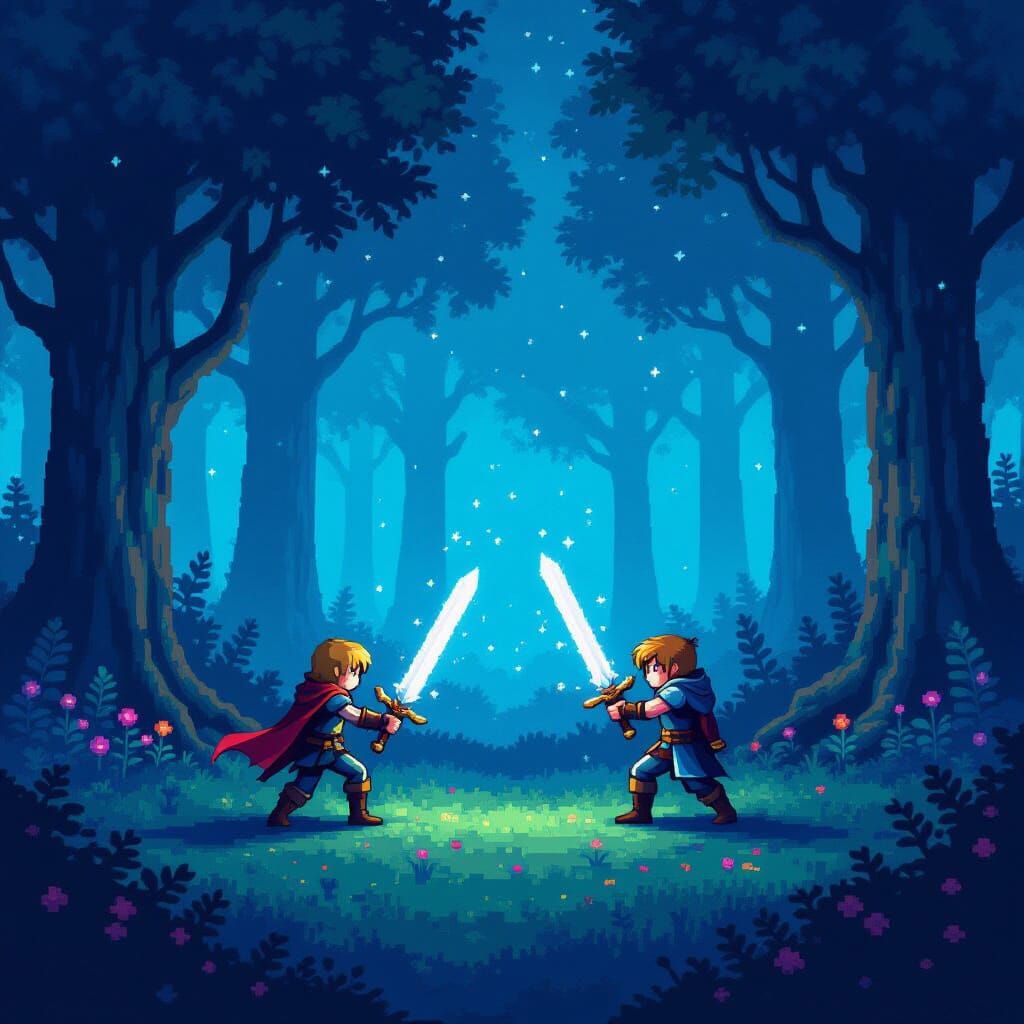 8-Bit Pixel Forest with Glowing Swords and Enchanted Quests