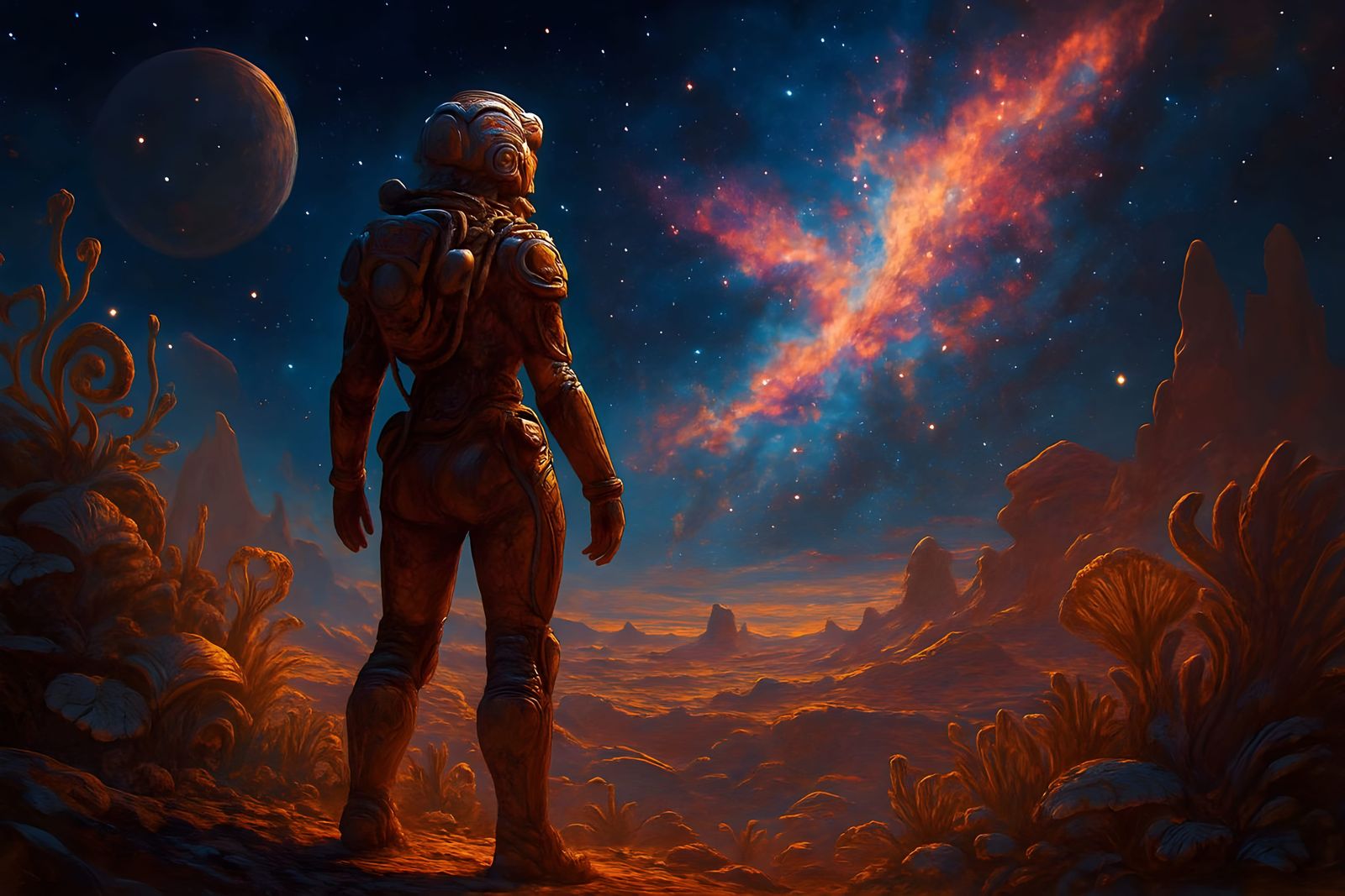 Brave Astronaut Gazing at Nebula on Alien Planet