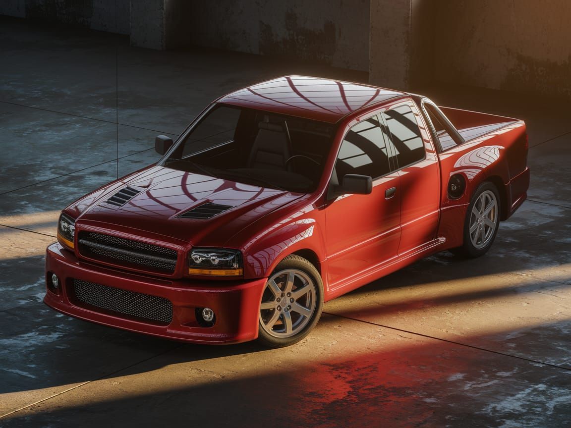 Vibrant Red Sport Pickup in a Dimly Lit Warehouse