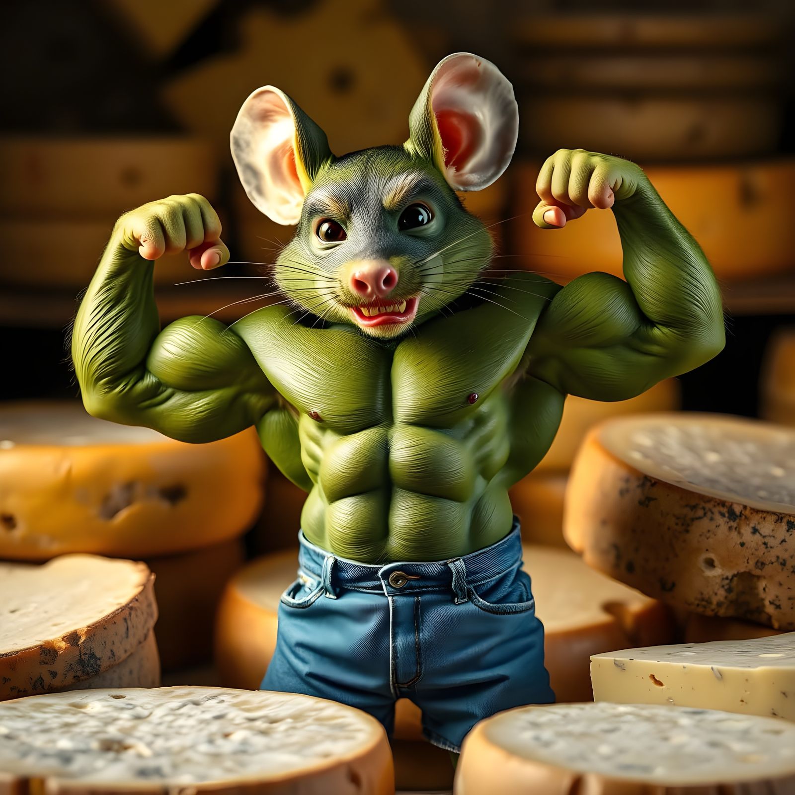 Muscular Green Mouse Flexes in Front of Cheese