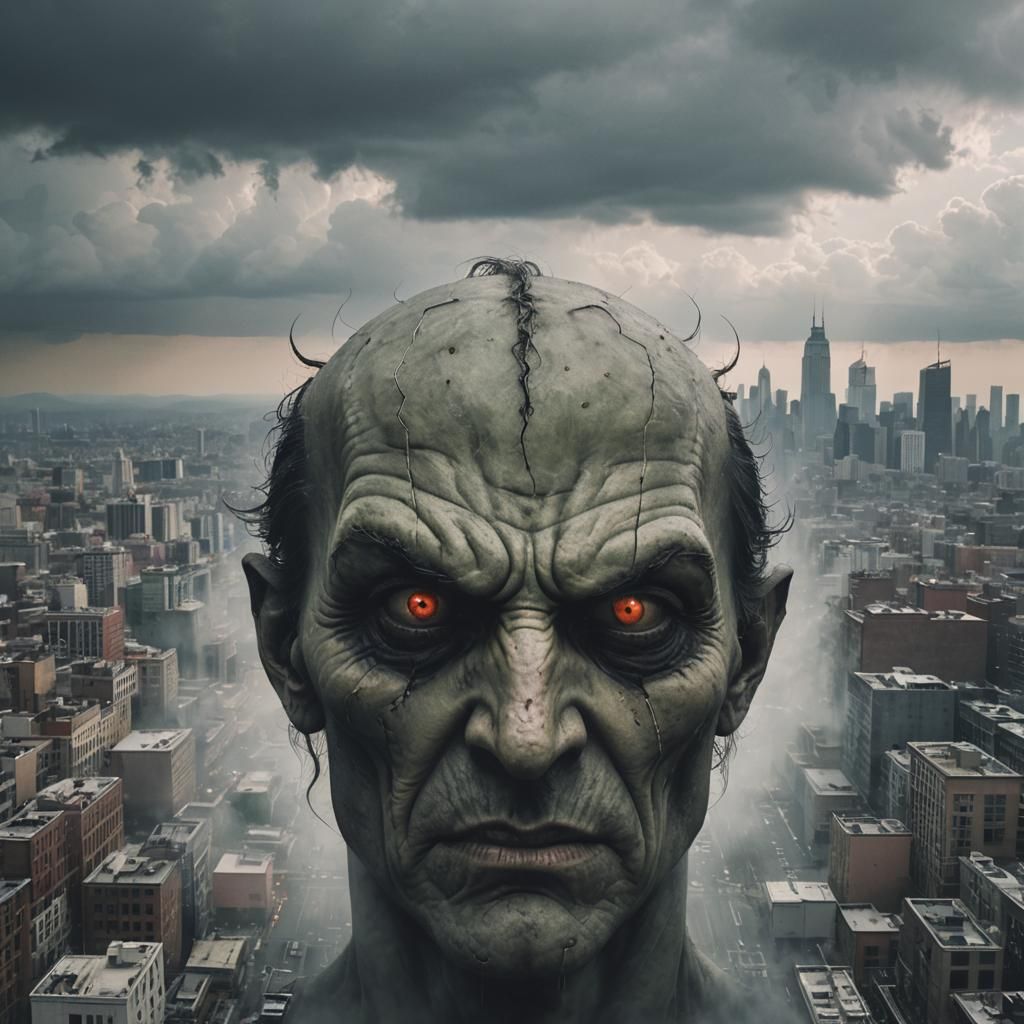 Sinister Face Watches Over Cloudy Cityscape
