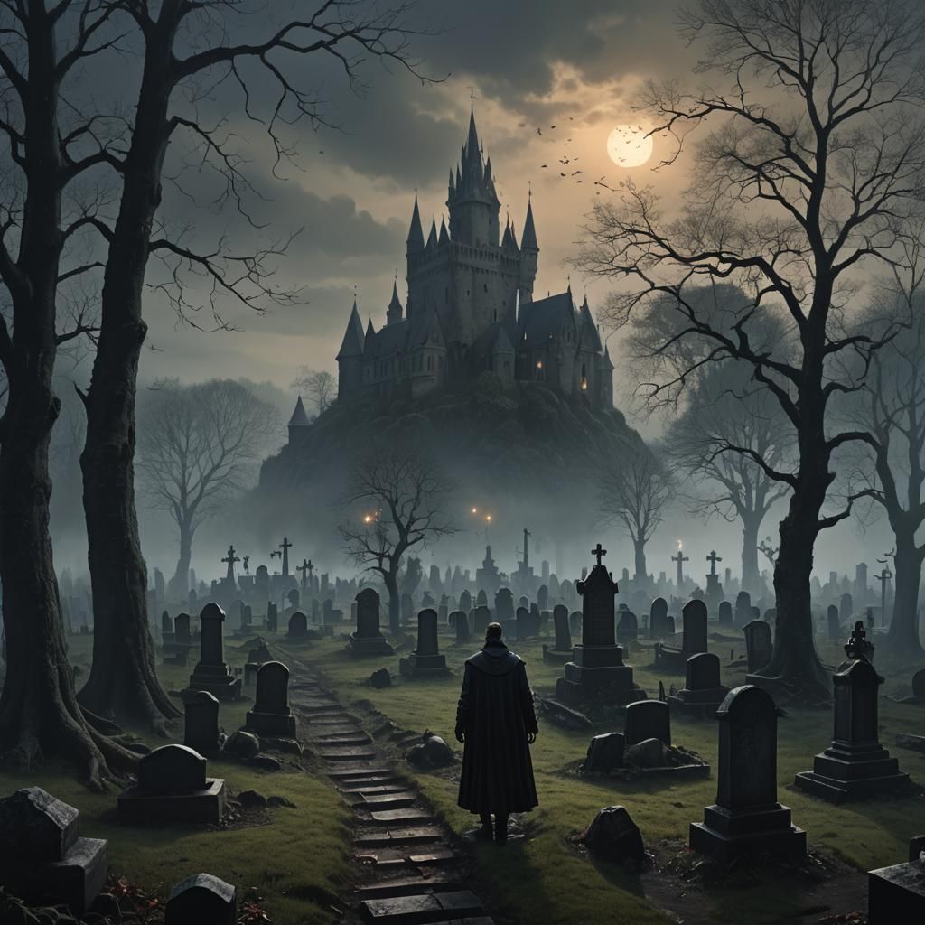 Vampire in Cemetery with Gothic Castle, Dark Fantasy Art